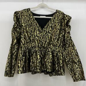 Gibson Latimer Size XL Metallic Blouse Long Puff Sleeve V-Neck Black Gold Peplum
